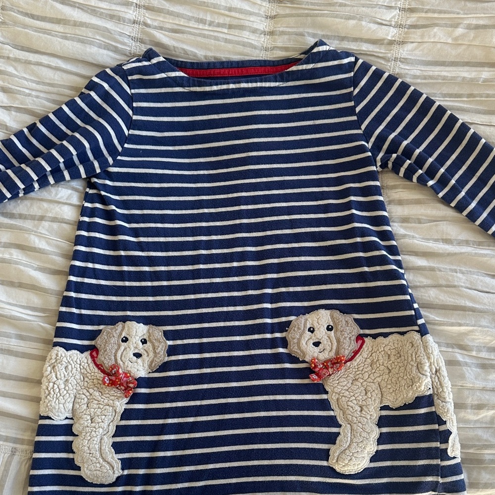 Mini Boden Navy and White Striped Tunic with dogs size 7-8